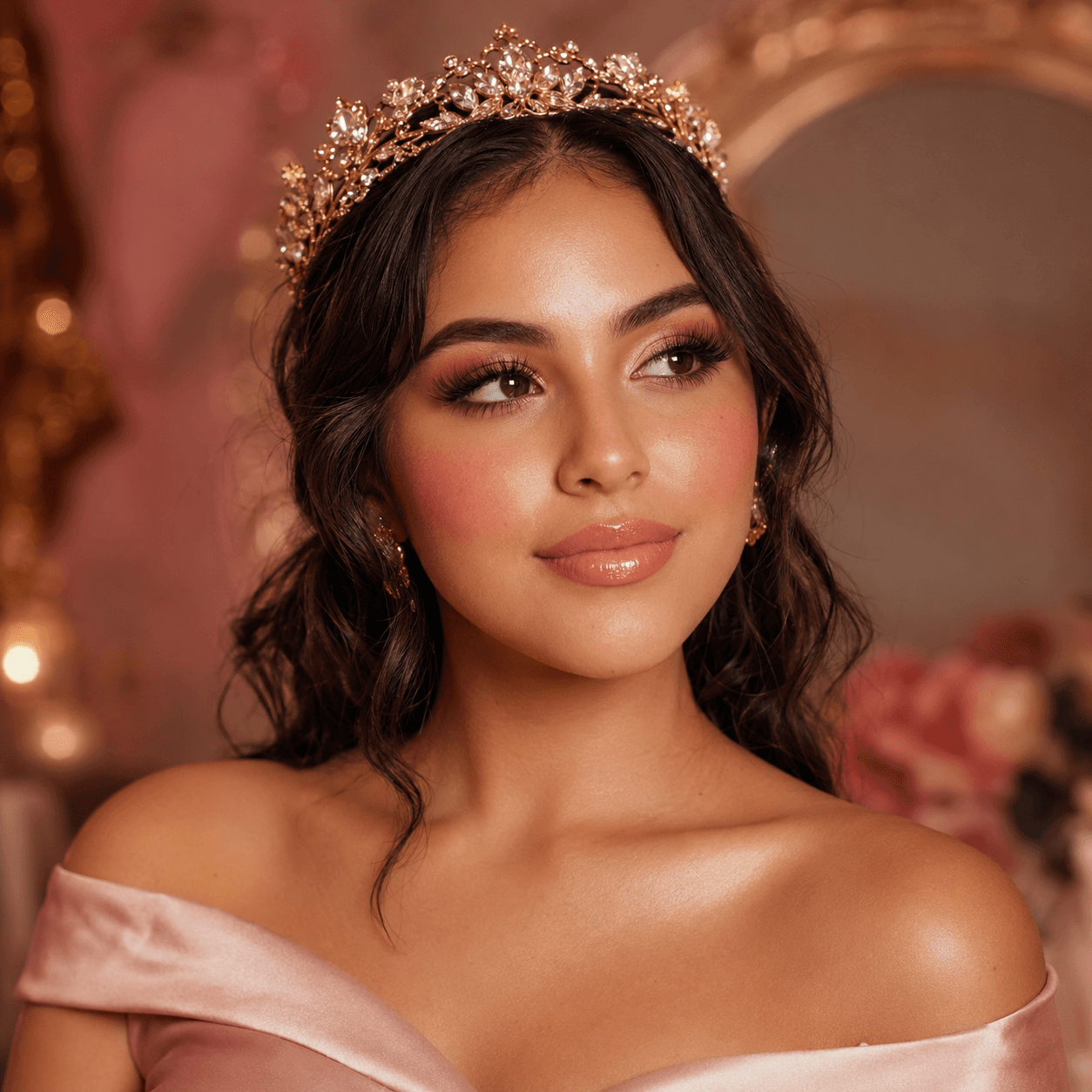 Quinceañera con tiara dorada